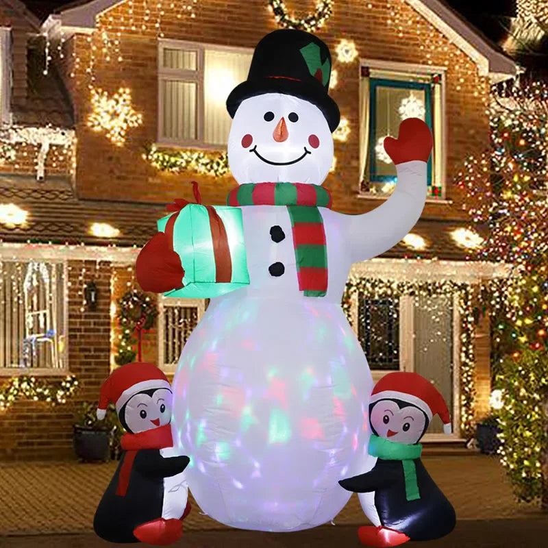 Inflável de Natal 1,8m com LED, boneco de neve e pinguim. Ideal para decoração interna e externa.