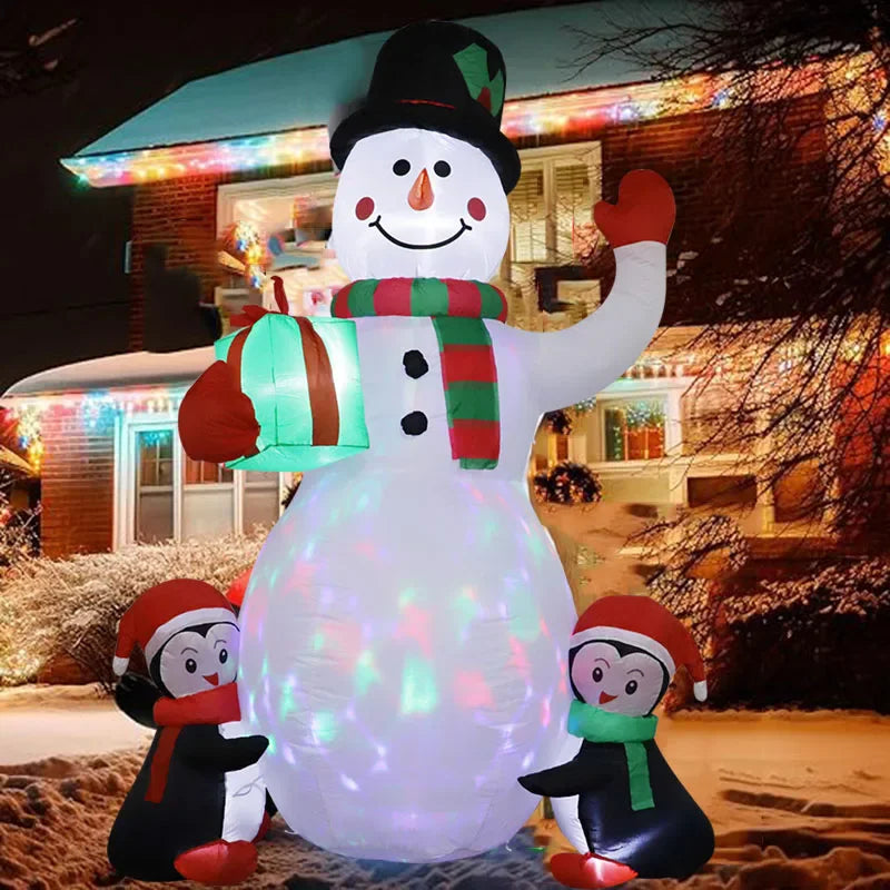 Inflável de Natal 1,8m com LED, boneco de neve e pinguim. Ideal para decoração interna e externa.