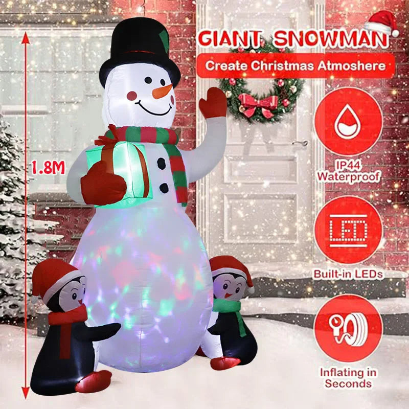 Inflável de Natal 1,8m com LED, boneco de neve e pinguim. Ideal para decoração interna e externa.