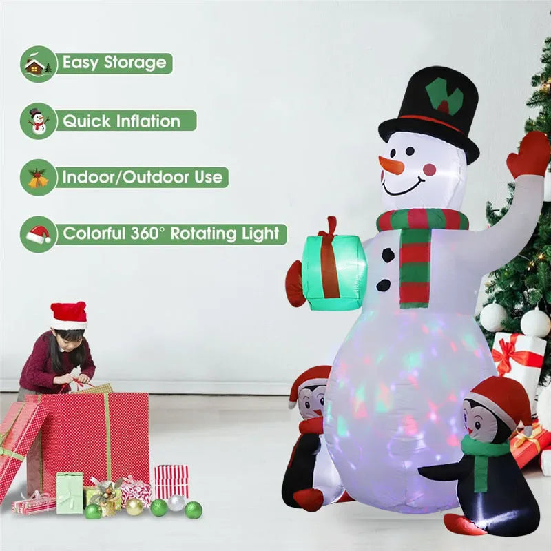 Inflável de Natal 1,8m com LED, boneco de neve e pinguim. Ideal para decoração interna e externa.