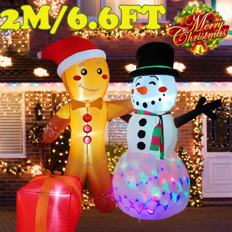 Inflável de Natal 1,8m com LED, boneco de neve e pinguim. Ideal para decoração interna e externa.