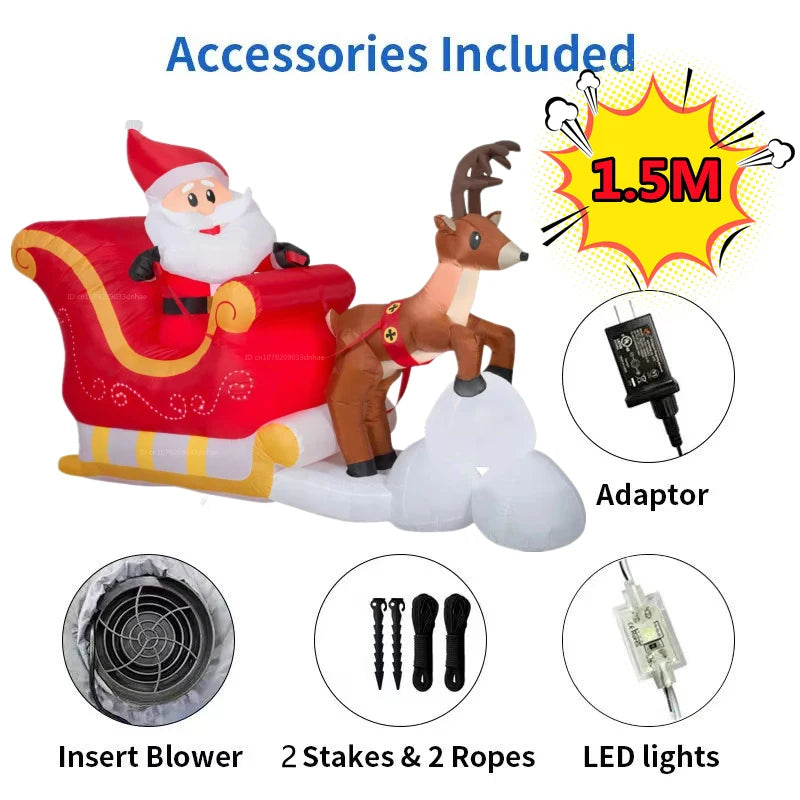 Inflável de Natal 1,5m com luzes LED, Papai Noel, boneco de neve e veados. Ideal para decoração externa