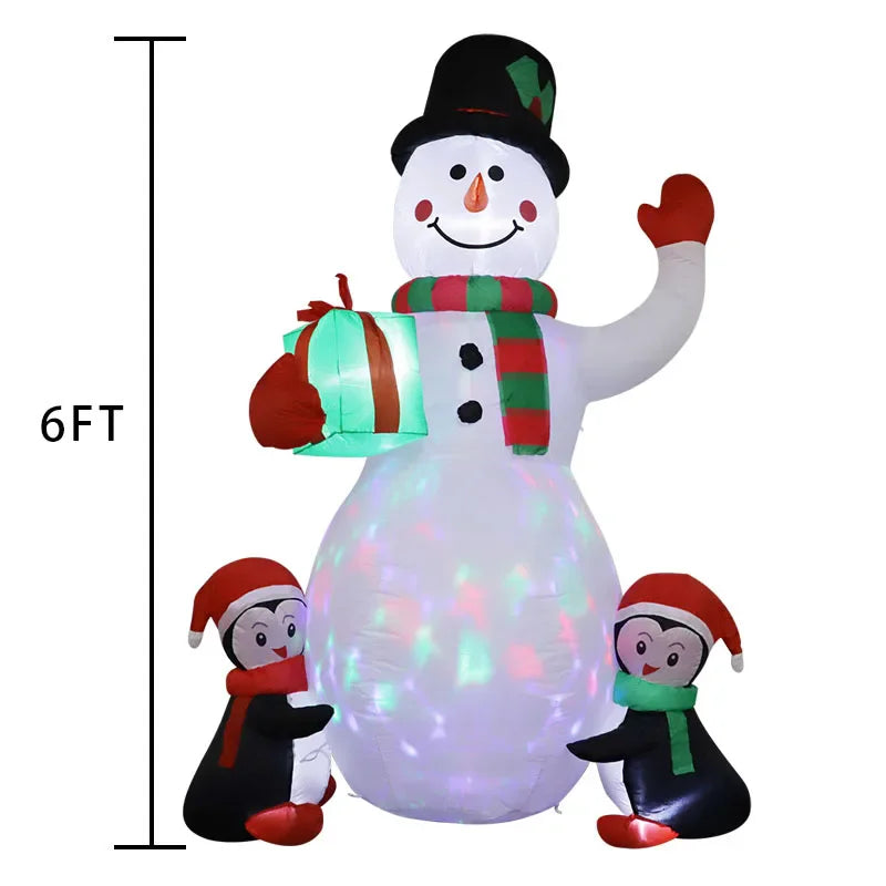 Inflável de Natal 1,8m com LED, boneco de neve e pinguim. Ideal para decoração interna e externa.