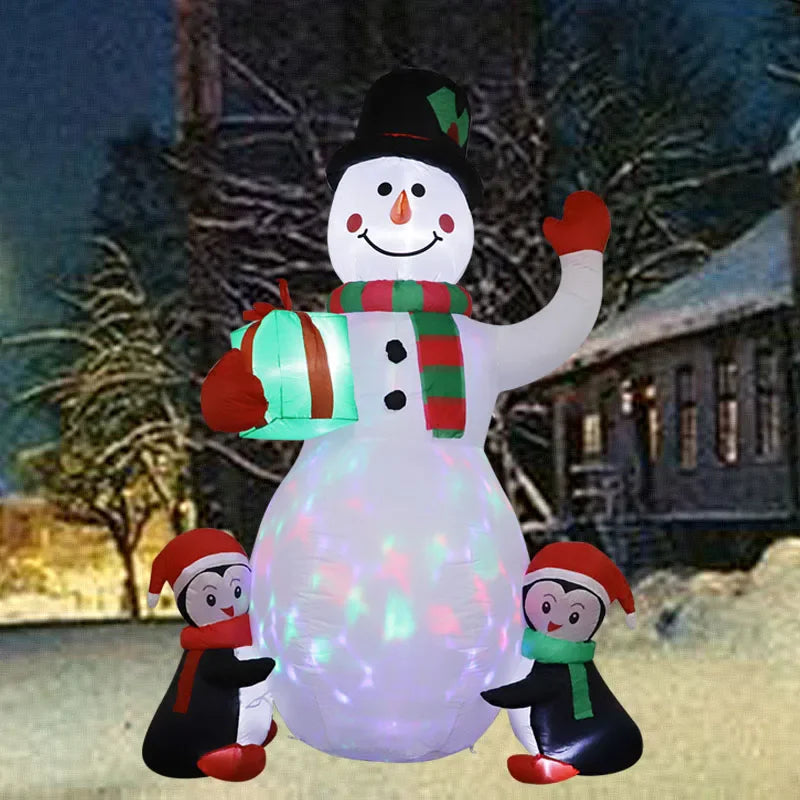 Inflável de Natal 1,8m com LED, boneco de neve e pinguim. Ideal para decoração interna e externa.