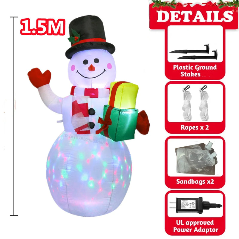 Inflável de Natal 1,5m com luzes LED, Papai Noel, boneco de neve e veados. Ideal para decoração externa